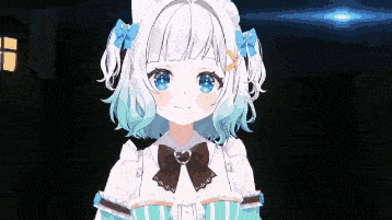 a girl with white hair and blue eyes is standing in a dark room .