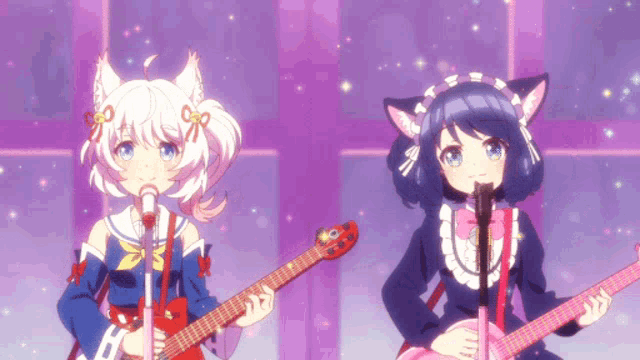 two anime girls singing and playing guitars with the letter h on their outfits