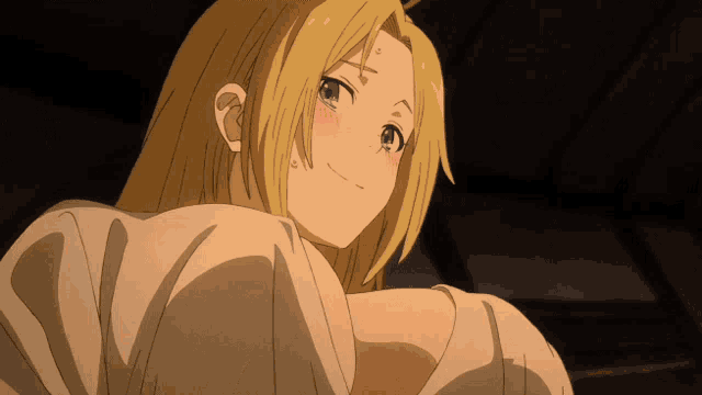 a close up of a blonde anime character with a tear coming out of her eye