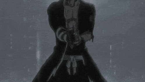 a black and white image of a man holding a gun in the rain