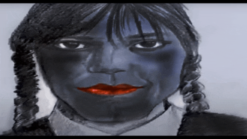 a black and white drawing of a girl with blue eyes and red lips