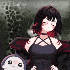 a girl in a black and red outfit is holding a stuffed shark