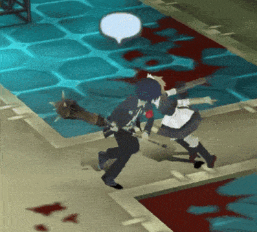 a man and a girl are fighting in a video game with a speech bubble above them
