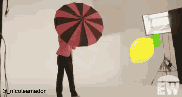 a person holding a pink and black striped umbrella with a lemon behind them