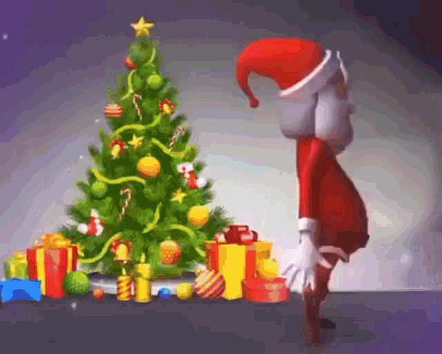 a cartoon santa claus is standing in front of a christmas tree .