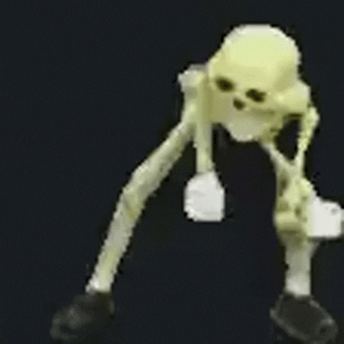 a pixel art of a skeleton standing on its hind legs .