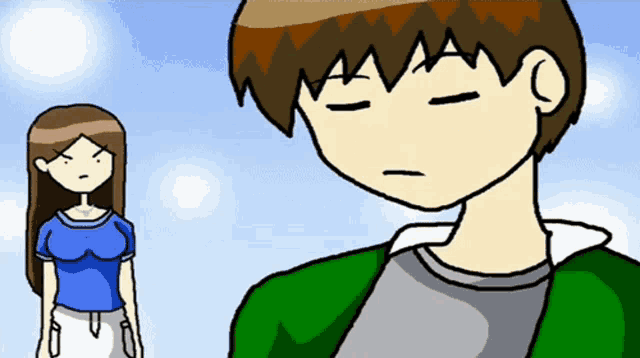 a cartoon drawing of a boy and a girl standing next to each other