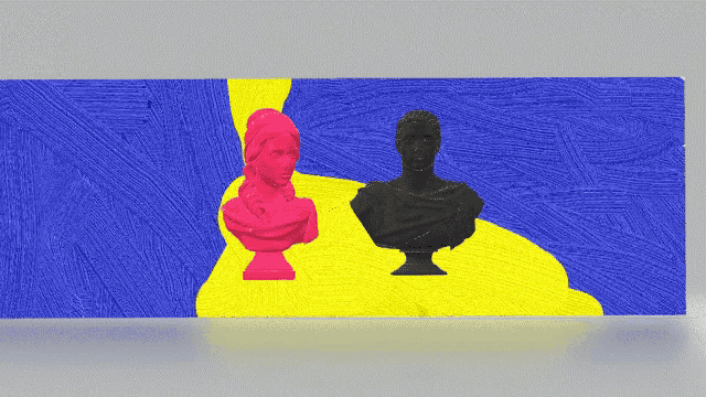a blue and yellow painting with a pink and black statue