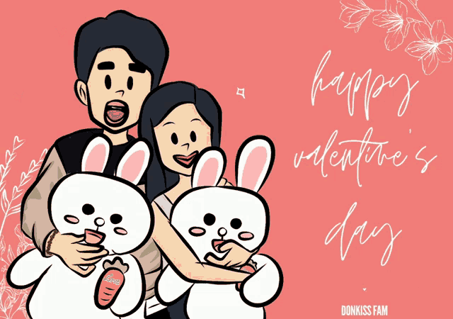 a happy valentine 's day greeting card with a man and woman holding stuffed rabbits