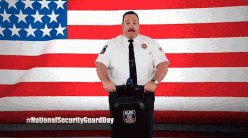 a security guard stands in front of a large american flag