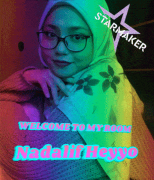 a woman wearing glasses and a scarf with the words " welcome to my room "