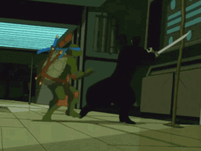 two teenage mutant ninja turtles are fighting with swords