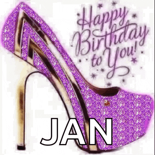 a purple high heeled shoe with the words `` happy birthday to you `` written on it .