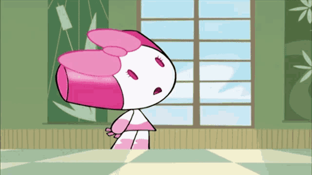 a pink and white cartoon character with a bow on her head stands in front of a window