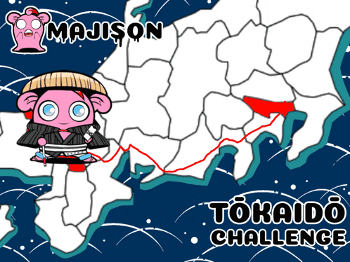 a cartoon drawing of a map with the words majison and tokaido challenge below it