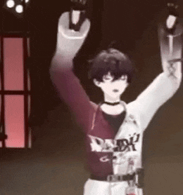 a 3d anime character is standing on a stage with his arms up in the air .