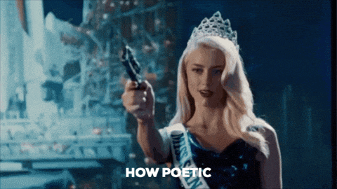 a woman with a crown on her head is holding a gun in front of the words how poetic