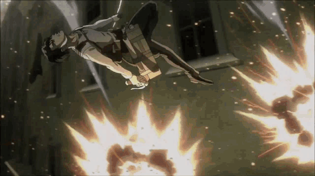a man is flying through the air while holding a gun