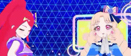 a couple of anime girls are standing next to each other in front of a blue background .