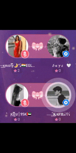 a purple background with circles with a woman and a man and the name kristy on it