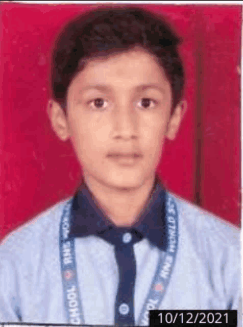 a young boy is wearing a school uniform and a lanyard .