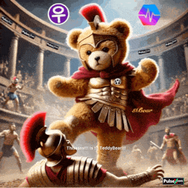 a teddy bear in a gladiator costume with a pulse.com logo