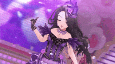 a girl with long black hair is wearing a purple dress and a purple hat