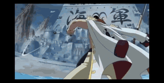 a man in a white coat is standing in front of a ship with chinese characters on it .