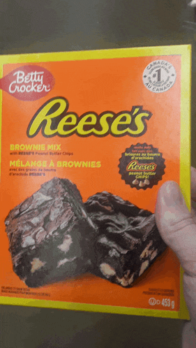 a box of betty crocker reese 's brownie mix with peanut butter chips