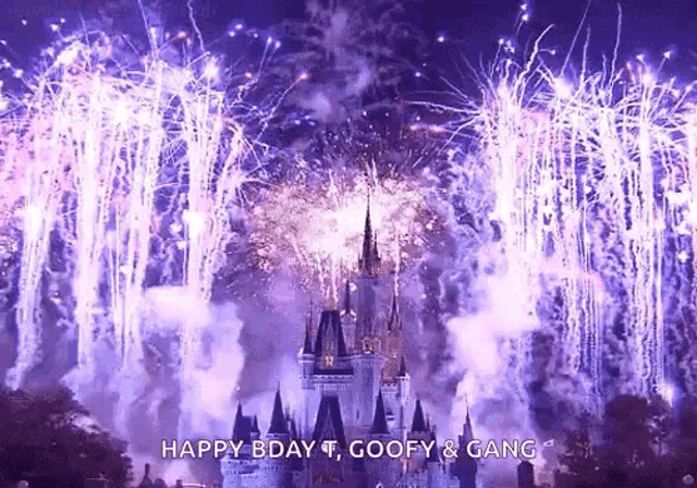 a castle is surrounded by fireworks and the words happy bday goofy & gang