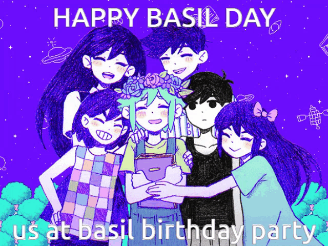 a group of anime characters on a purple background that says happy basil day
