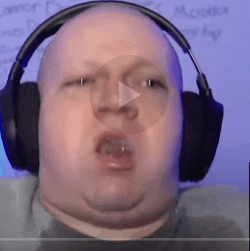 a man wearing headphones looks at the camera with a play button on his face