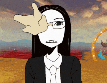 a cartoon of a woman in a suit and tie with a hand on her face