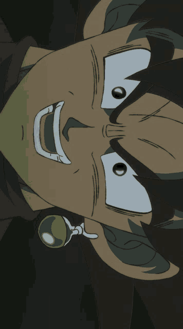 a cartoon character with a green pendant around his neck