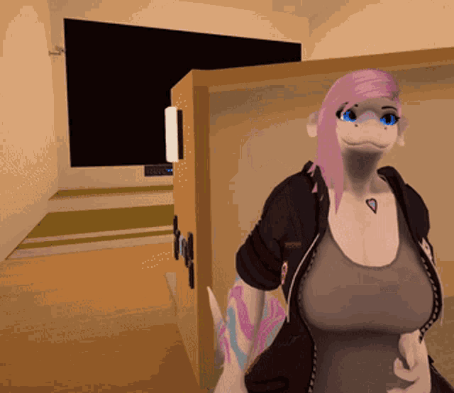 a cartoon character with pink hair and blue eyes stands in a room