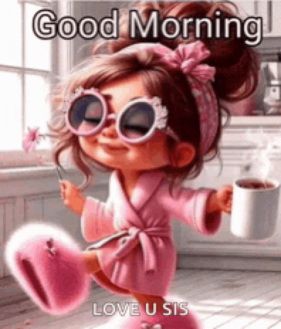 a little girl wearing sunglasses and a robe is holding a cup of coffee .