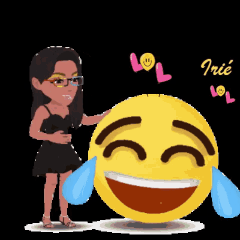 a girl in a black dress is petting a smiley face with tears coming out of its eyes
