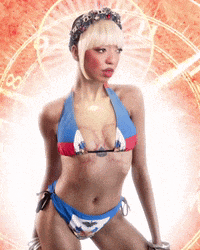 a woman in a bikini is standing in front of a clock that says 00