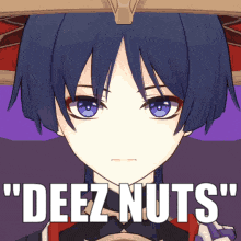 a close up of a anime character with blue eyes and the words `` deez nuts '' written on it .
