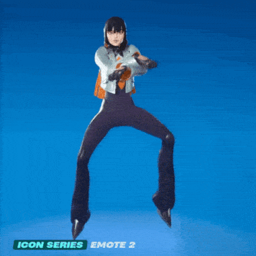 a video game character is jumping in the air with the icon series emote 2
