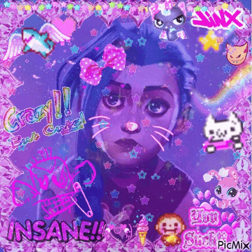 a picture of jinx from league of legends is surrounded by pink and purple images