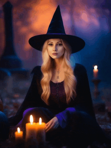 a woman in a witch costume sits next to candles