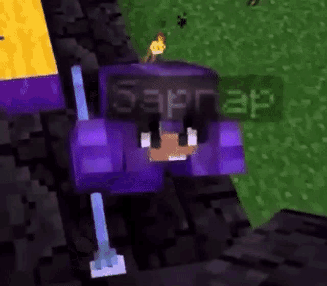 a purple monster truck is driving down a road in a minecraft video game .