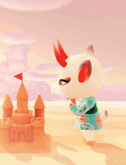 a goat holding a shovel in front of a sand castle