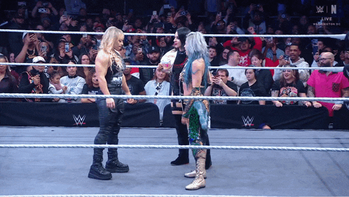 two women are standing in a wrestling ring with the letters w on it