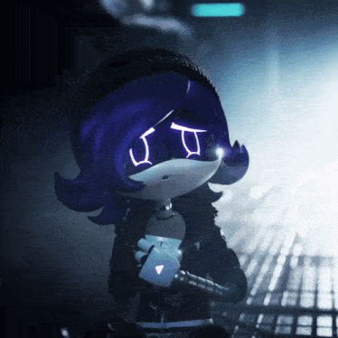 a cartoon character with purple hair and glowing eyes has a sad look on her face