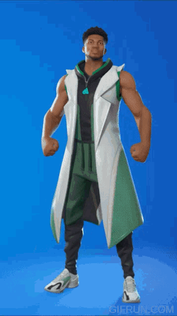 a man in a green and white outfit is dancing in front of a blue background