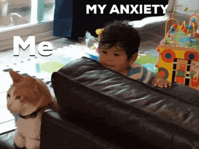 a child sitting on a couch next to a cat with the words " my anxiety me "