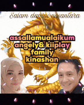a man and a woman are standing in front of a golden dragon