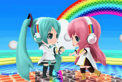 two anime girls wearing headphones standing next to each other